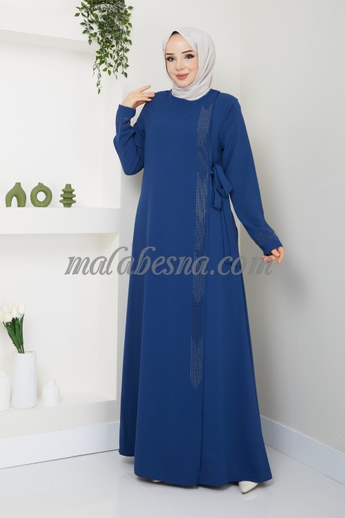 Blue Abaya with strass on the side and the sleeves and a belt
