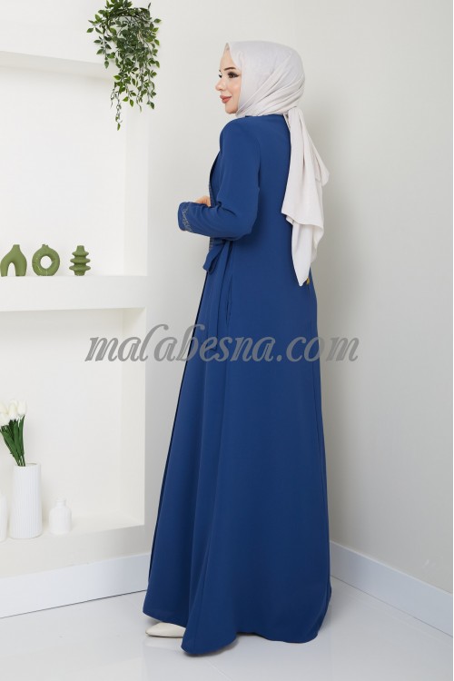 Blue Abaya with strass on the side and the sleeves and a belt