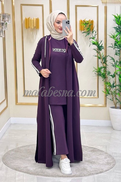 3 Pieces Purple suit with white lines and long cardigan
