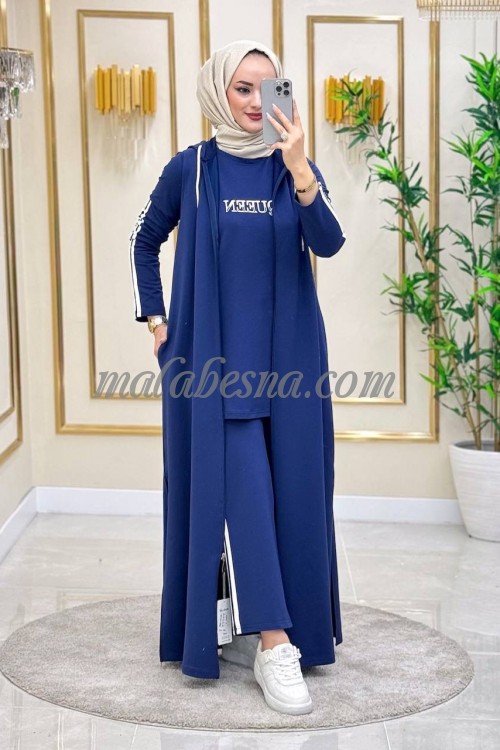 3 Pieces Dark blue suit with white lines and long cardigan