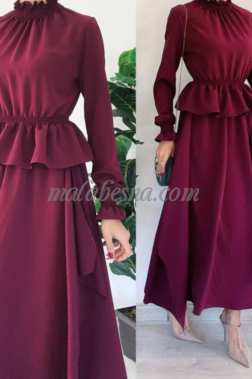 2 Pieces burgundy suit with long blouse from back with skirt