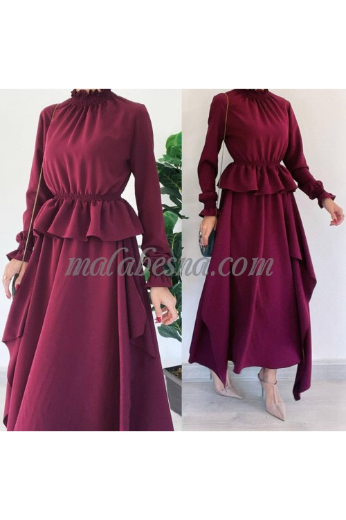 2 Pieces burgundy suit with long blouse from back with skirt