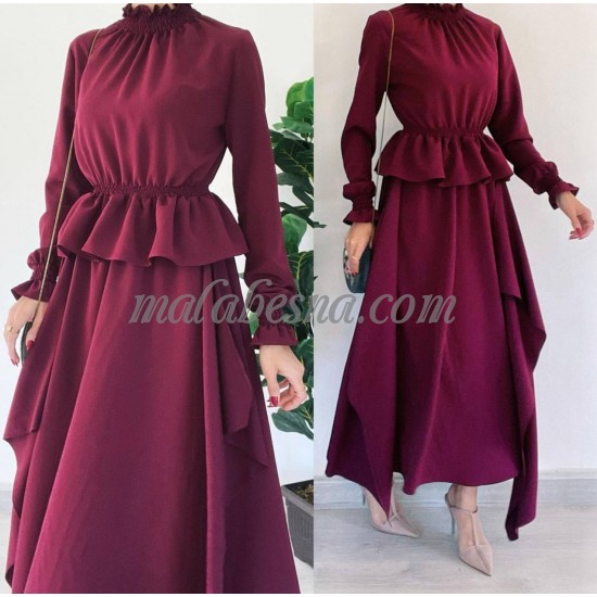 2 Pieces burgundy suit with long blouse from back with skirt