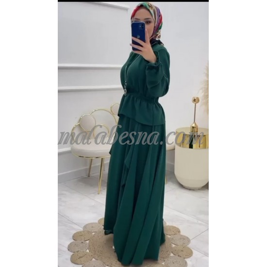 2 Pieces Green suit with long blouse from back with skirt