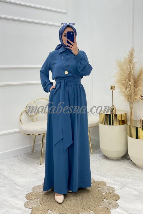Blue overall with wide belt