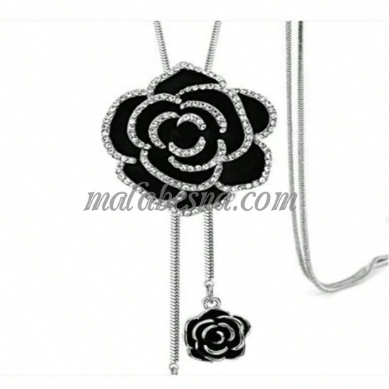 Long flower crystal necklace black