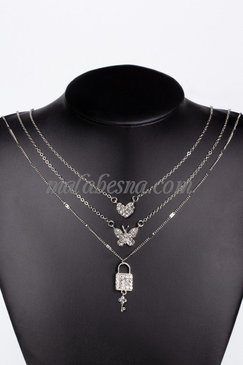 3 layers necklace with heart butterfly and a lock