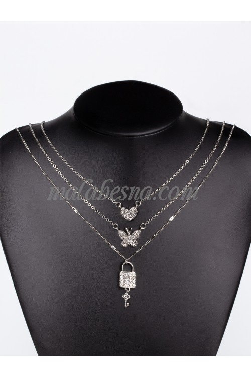 3 layers necklace with heart butterfly and a lock