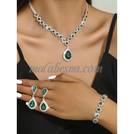 3 Pieces green and silver set of necklace earrings and bracelet