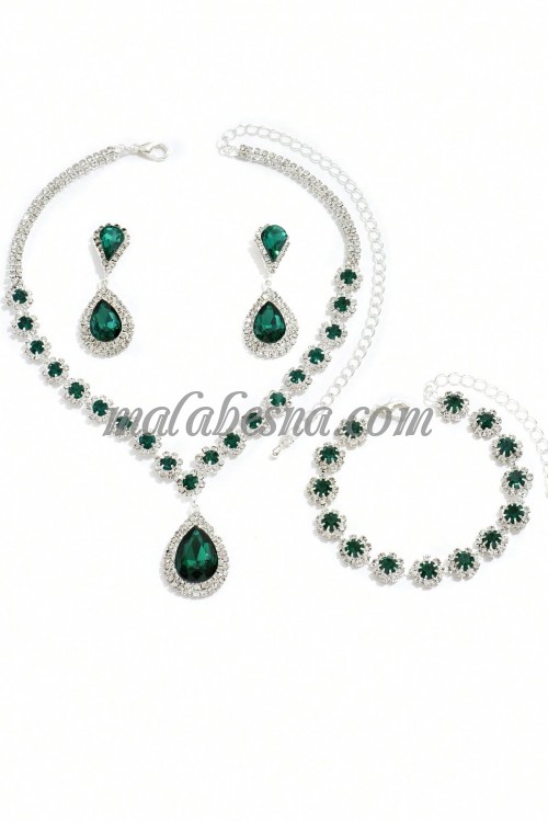 3 Pieces green and silver set of necklace earrings and bracelet