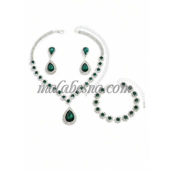 3 Pieces green and silver set of necklace earrings and bracelet