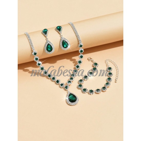 3 Pieces green and silver set of necklace earrings and bracelet