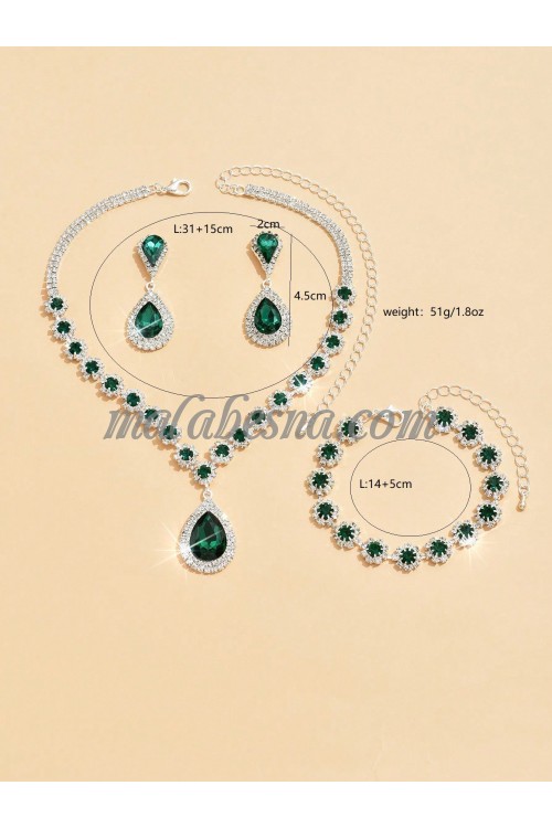 3 Pieces green and silver set of necklace earrings and bracelet