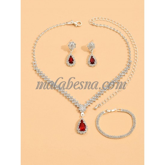 3 Pieces red and silver set of necklace earrings and bracelet