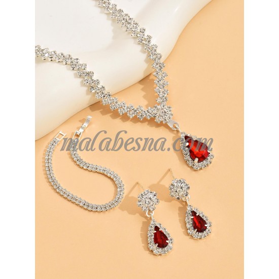 3 Pieces red and silver set of necklace earrings and bracelet