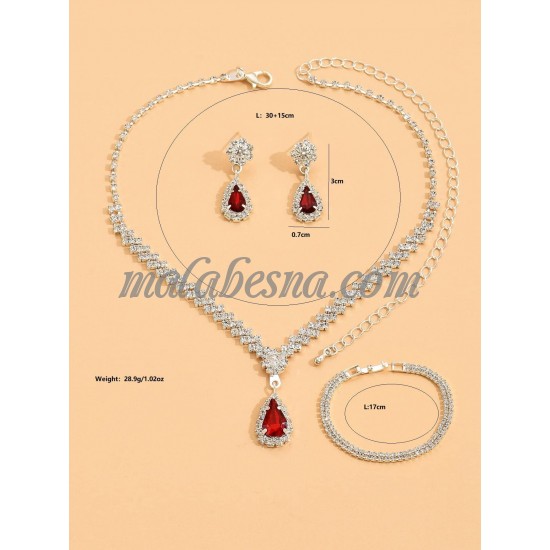 3 Pieces red and silver set of necklace earrings and bracelet