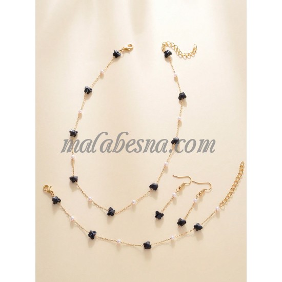 3 Pieces golden set of necklace earrings and bracelet with black butterfly and white pearls