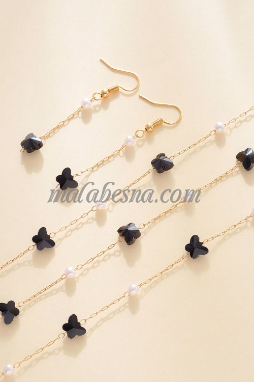 3 Pieces golden set of necklace earrings and bracelet with black butterfly and white pearls