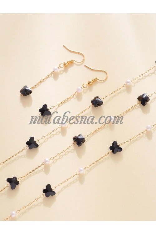 3 Pieces golden set of necklace earrings and bracelet with black butterfly and white pearls