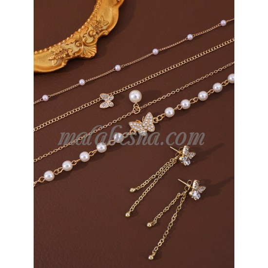 3 Pieces golden set of necklace earrings and bracelet with butterfly and white pearls