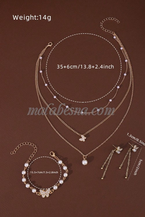 3 Pieces golden set of necklace earrings and bracelet with butterfly and white pearls