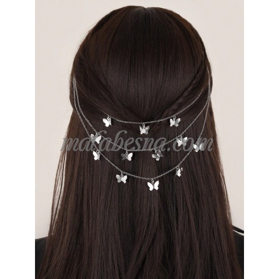 3 layers silver hair clip with butterfly