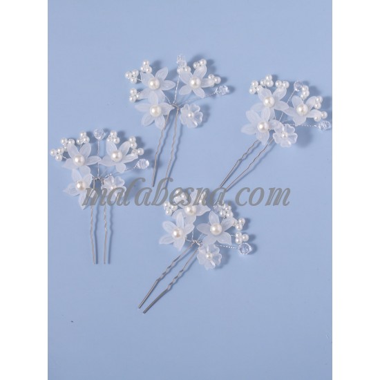 4 white hair clips with flowers and pearls