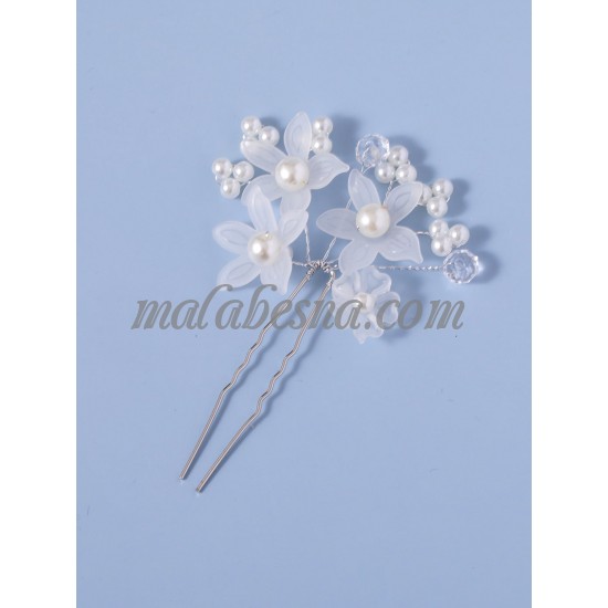 4 white hair clips with flowers and pearls