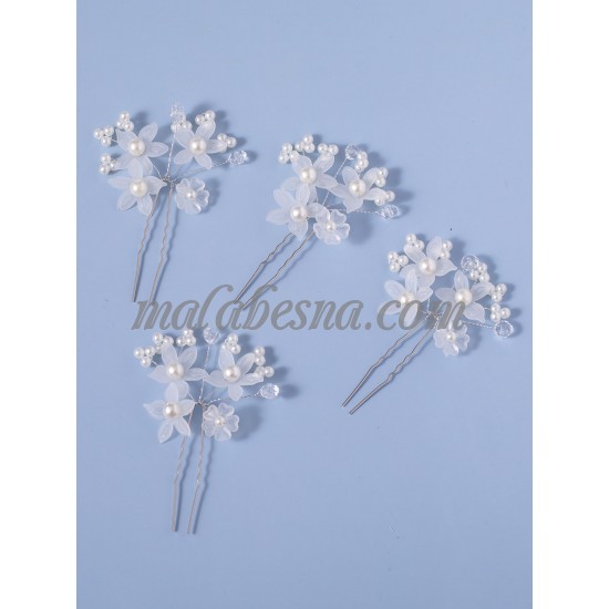 4 white hair clips with flowers and pearls