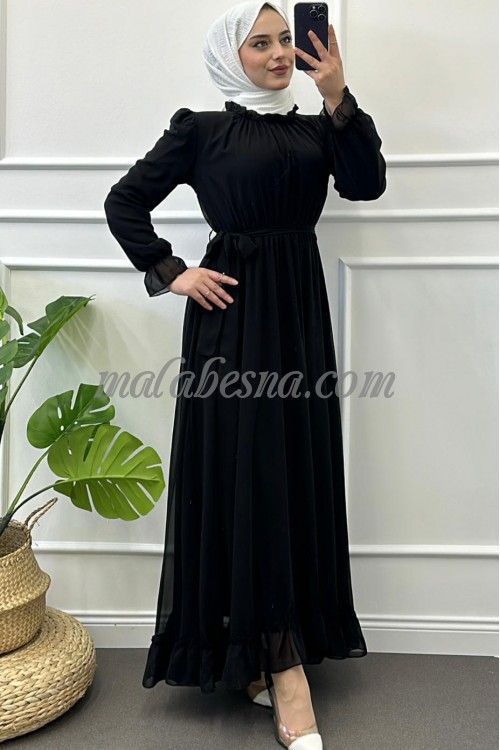 Black chiffon dress with belt