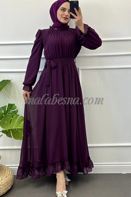 Purple chiffon dress with belt