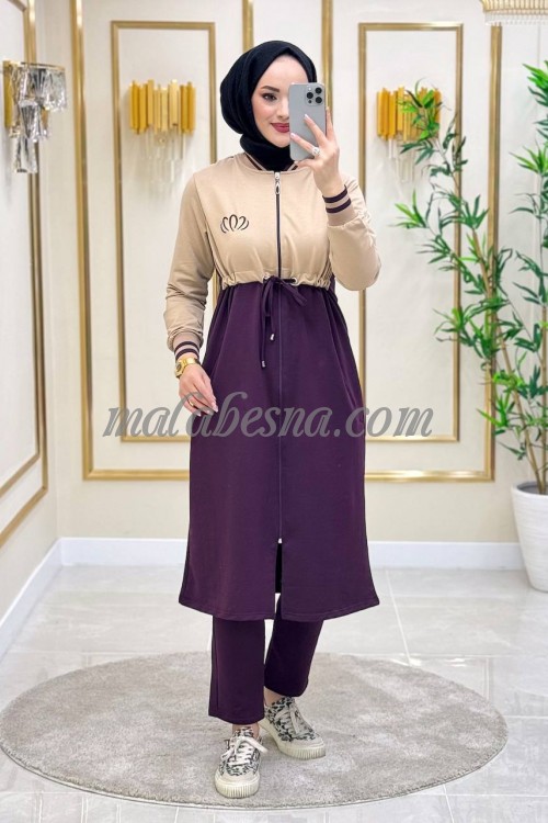 2 Pieces purple and beige suit with internal belt