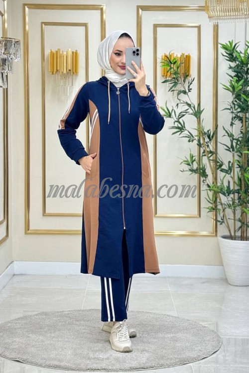 2 Pieces Dark Blue and beige suit with two white lines