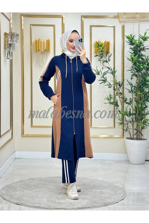 2 Pieces Dark Blue and beige suit with two white lines
