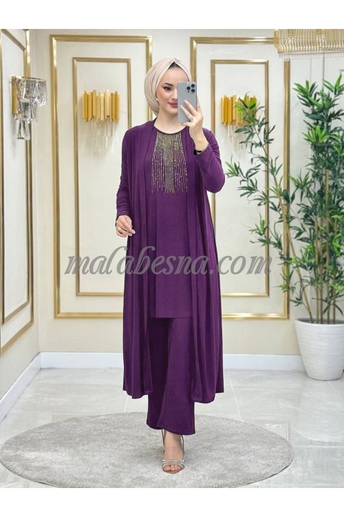 3 Pieces purple suit with shiny stones on the blouse with long jacket