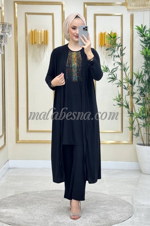 3 Pieces Black suit with shiny stones on the blouse with long jacket
