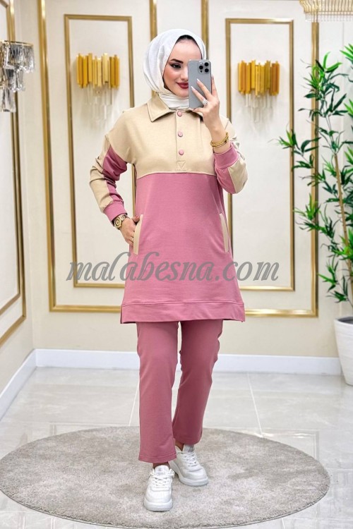 2 Pieces pink and beige suit with buttons on top