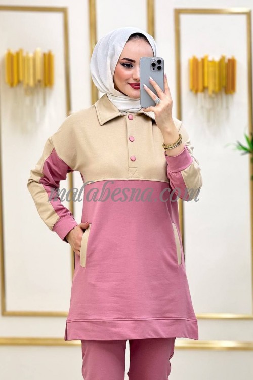 2 Pieces pink and beige suit with buttons on top