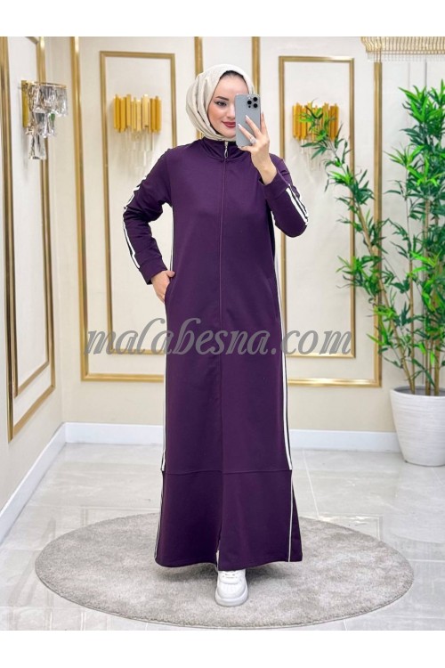 Purple sporty abaya with two white lines