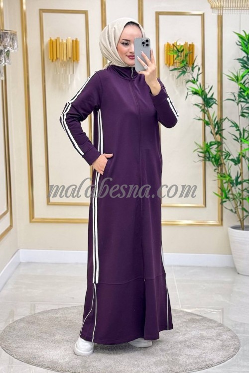 Purple sporty abaya with two white lines