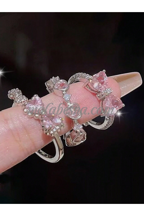 3 Silver Rings set with pink bowknot