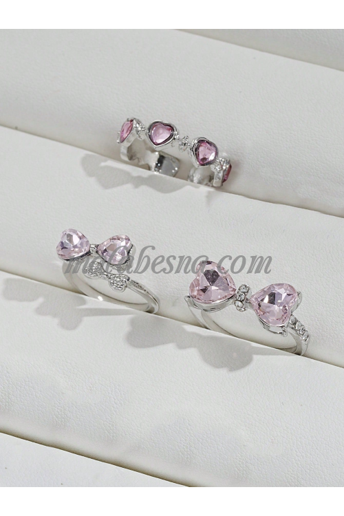 3 Silver Rings set with pink bowknot
