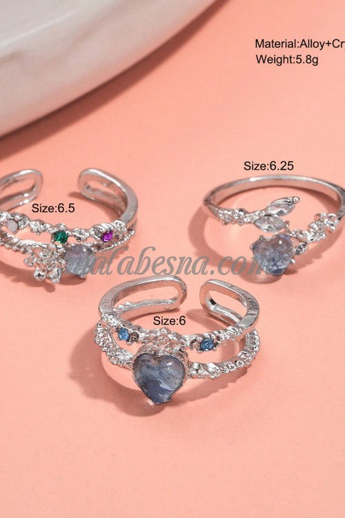 3 Silver Rings set with purple heart