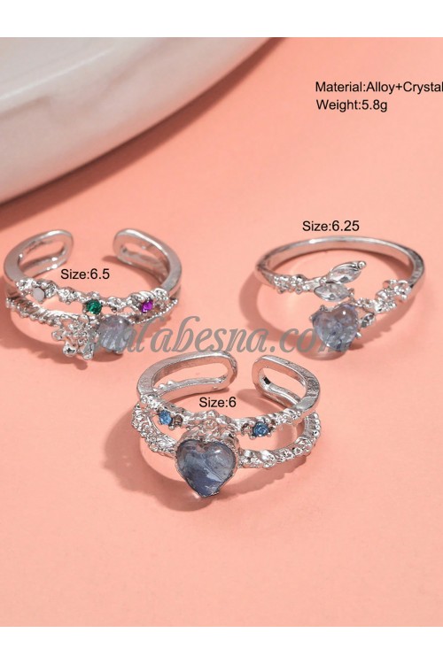 3 Silver Rings set with purple heart