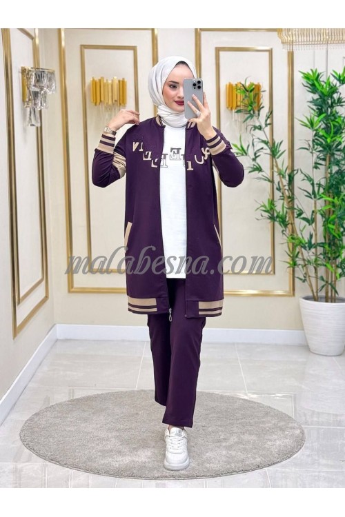 3 Pieces Purple suit with beige color on the jacket with Queen word