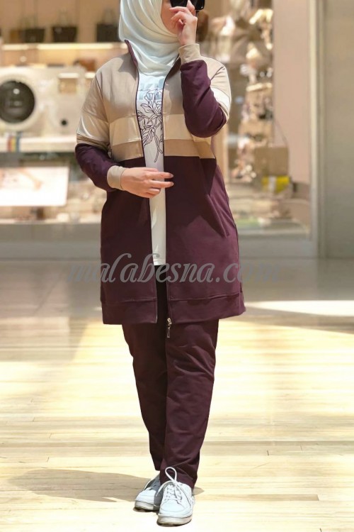 3 Pieces burgundy suit with beige and offwhite color on the jacket