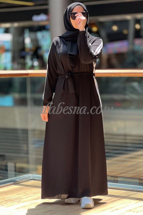 2 Pieces Black Abaya with two white lines on the long of the abaya with hijab and belt