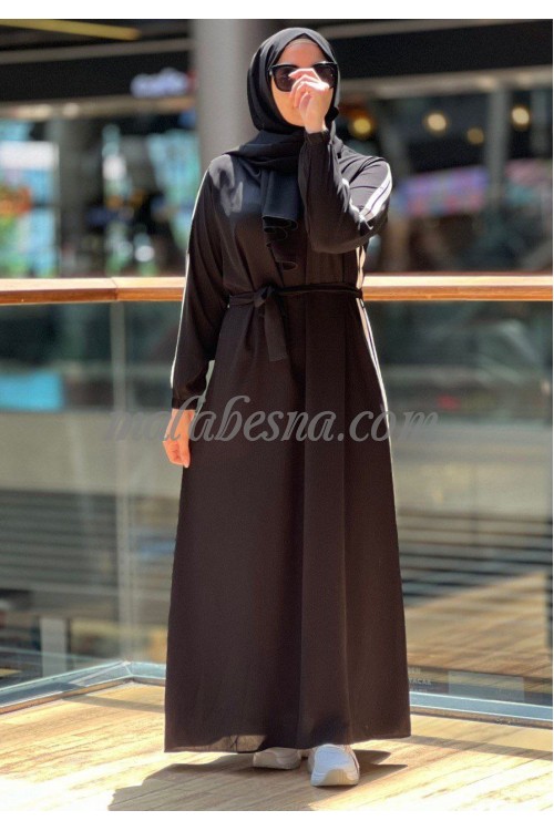 2 Pieces Black Abaya with two white lines on the long of the abaya with hijab and belt