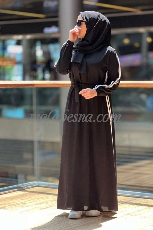 2 Pieces Black Abaya with two white lines on the long of the abaya with hijab and belt