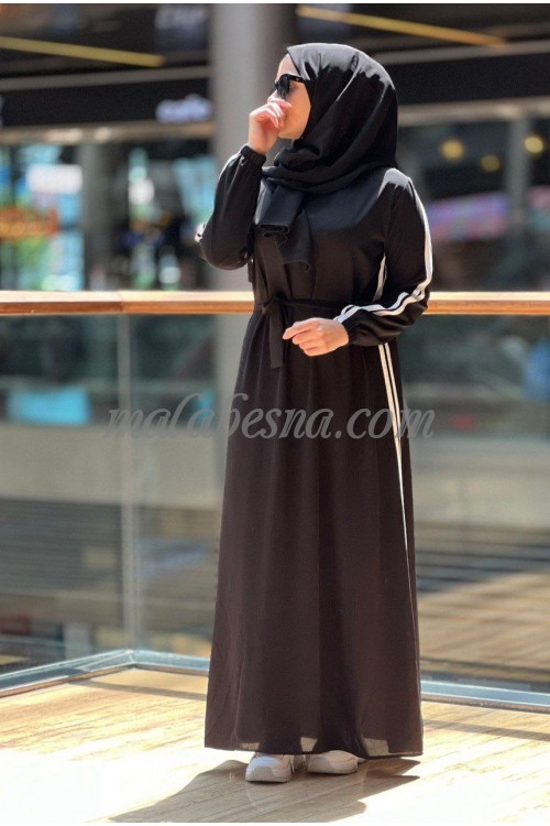 2 Pieces Black Abaya with two white lines on the long of the abaya with hijab and belt